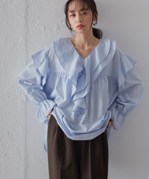 RANAN（ラナン）の「［26SS新色追加］ビッグカラーフリルブラウス（シャツ/ブラウス・レディース・ブルー/オフホワイト/チャコール/コーラルピンク/ブラック/ブルー系その他・M/L/LL）」の22枚目の写真