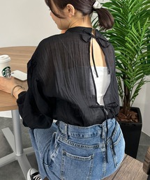 【ISOOK / アイスー】ワッシャー2WAYリボンルーズブラウス / シワ加工 ボリュームスリーブ パフスリーブ シアー スタンドカラー ZOZOTOWN限定