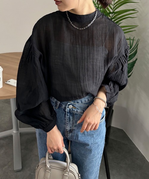 ISOOK（アイスー）の「【ISOOK / アイスー】ワッシャー2WAYリボンルーズブラウス  / シワ加工 ボリュームスリーブ パフスリーブ シアー スタンドカラー ZOZOTOWN限定（シャツ/ブラウス・レディース・ダークグリーン/オレンジ/ブラック・FREE）」の18枚目の写真