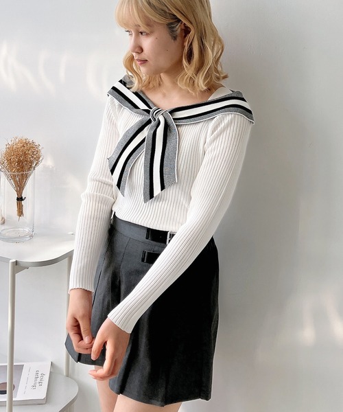 AS KNOW AS plus（アズノゥアズプラス）の「◎配色リボンカラーニットプルオーバー（ニット/セーター・レディース・ホワイト系/ブラック系/グレー系/ピンク系・FREE）」の7枚目の写真