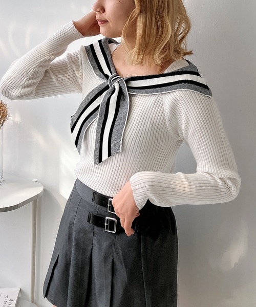 AS KNOW AS plus（アズノゥアズプラス）の「◎配色リボンカラーニットプルオーバー（ニット/セーター・レディース・ホワイト系/ブラック系/グレー系/ピンク系・FREE）」の6枚目の写真