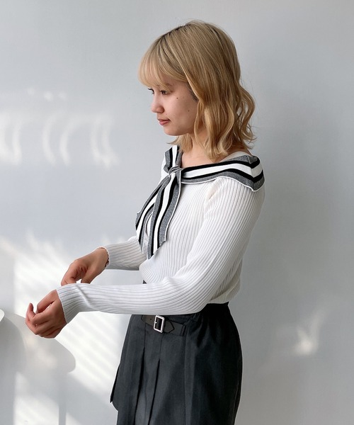 AS KNOW AS plus（アズノゥアズプラス）の「◎配色リボンカラーニットプルオーバー（ニット/セーター・レディース・ホワイト系/ブラック系/グレー系/ピンク系・FREE）」の8枚目の写真