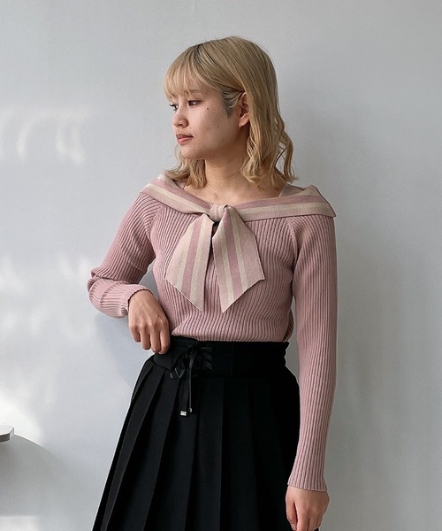 AS KNOW AS plus（アズノゥアズプラス）の「◎配色リボンカラーニットプルオーバー（ニット/セーター・レディース・ホワイト系/ブラック系/グレー系/ピンク系・FREE）」の12枚目の写真