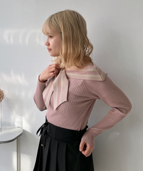 AS KNOW AS plus（アズノゥアズプラス）の「◎配色リボンカラーニットプルオーバー（ニット/セーター・レディース・ホワイト系/ブラック系/グレー系/ピンク系・FREE）」の13枚目の写真