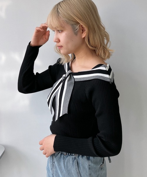 AS KNOW AS plus（アズノゥアズプラス）の「◎配色リボンカラーニットプルオーバー（ニット/セーター・レディース・ホワイト系/ブラック系/グレー系/ピンク系・FREE）」の22枚目の写真