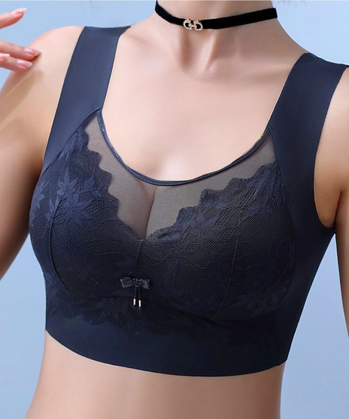 Lace Ladies（レースレディース）の「リボン付き ボタニカル柄 レース ドッキング ノンワイヤー ブラ ナイトブラ（ナイトブラ・レディース・ピンク/ベージュ/ブルーグレー/ブラック・XXL/XL/L/M）」の2枚目の写真