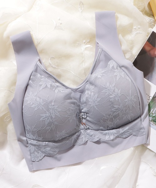 Lace Ladies（レースレディース）の「リボン付き ボタニカル柄 レース ドッキング ノンワイヤー ブラ ナイトブラ（ナイトブラ・レディース・ピンク/ベージュ/ブルーグレー/ブラック・XXL/XL/L/M）」の12枚目の写真