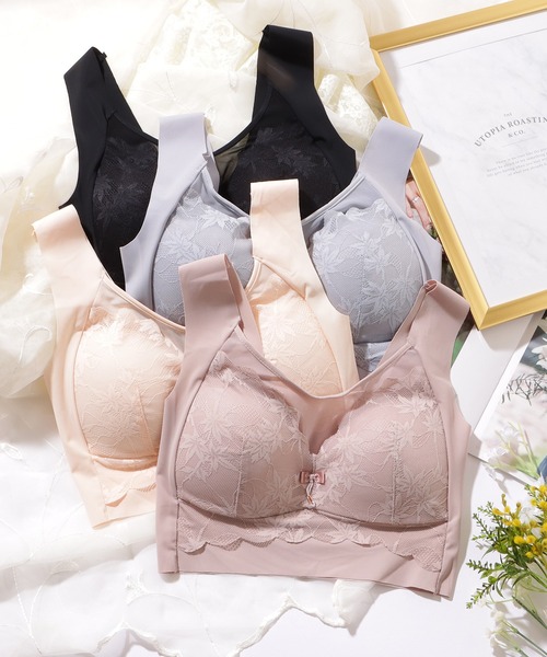 Lace Ladies（レースレディース）の「リボン付き ボタニカル柄 レース ドッキング ノンワイヤー ブラ ナイトブラ（ナイトブラ・レディース・ピンク/ベージュ/ブルーグレー/ブラック・XXL/XL/L/M）」の8枚目の写真