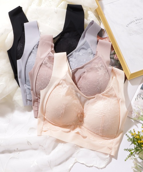 Lace Ladies（レースレディース）の「リボン付き ボタニカル柄 レース ドッキング ノンワイヤー ブラ ナイトブラ（ナイトブラ・レディース・ピンク/ベージュ/ブルーグレー/ブラック・XXL/XL/L/M）」の9枚目の写真