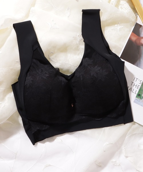 Lace Ladies（レースレディース）の「リボン付き ボタニカル柄 レース ドッキング ノンワイヤー ブラ ナイトブラ（ナイトブラ・レディース・ピンク/ベージュ/ブルーグレー/ブラック・XXL/XL/L/M）」の10枚目の写真