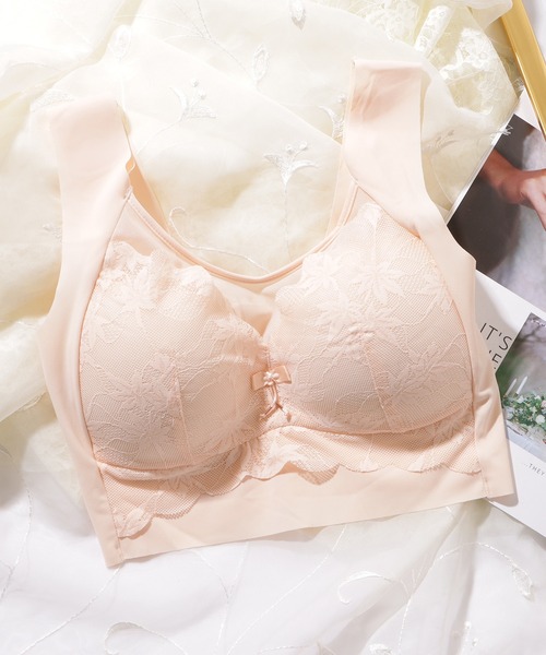 Lace Ladies（レースレディース）の「リボン付き ボタニカル柄 レース ドッキング ノンワイヤー ブラ ナイトブラ（ナイトブラ・レディース・ピンク/ベージュ/ブルーグレー/ブラック・XXL/XL/L/M）」の11枚目の写真
