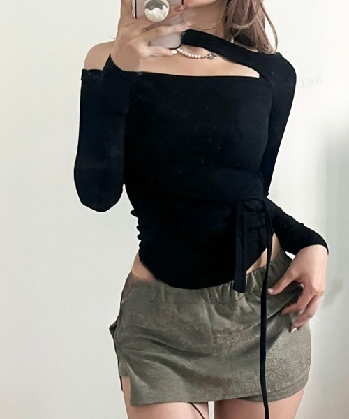 tシャツ 韓国ファッション　リボンデザインカットアウトカットソー レディース 韓国ファッション リボンデザインカットアウトカットソー（T
