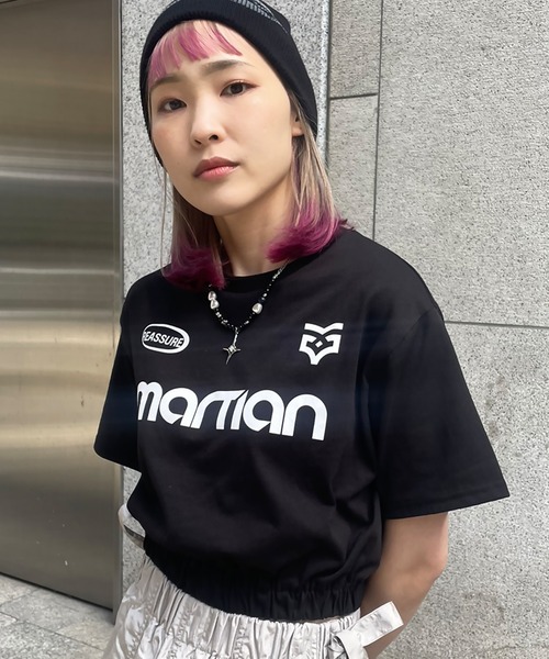 SPINNS（スピンズ）の「≪再入荷!!≫MARTIANロゴ 半袖ショート丈シャーリングTシャツ ゲームシャツ（Tシャツ/カットソー・レディース・ブラック/オフホワイト/ネイビー/オートミール/ブラウン・ONESIZE）」の7枚目の写真