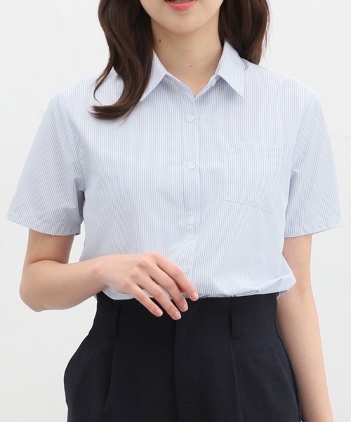 Honeys(ハニーズ)の「半袖レギュラーシャツ(ビジネスシャツ・レディース・ホワイト×グレー/ブラック/ピンク系その他/ブルー系その他2/ホワイト/ブルー系その他・S/M/L/LL/3L)」の5枚目の写真