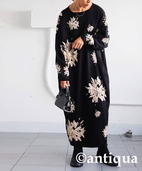 良品◎YSL ニットワンピース 花柄 ロング ゆったり M 黒 ボルドー 花柄ドルマンニットワンピース（ワンピース）｜antiqua（アンティカ
