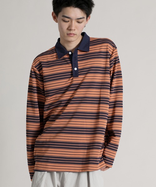 aimoha(アイモハ)の「【aimoha neo】Retro Stripe Long Sleeve Polo(ポロシャツ・メンズ・オレンジ/ブラック/ブルー・MEDIUM/LARGE/X-LARGE/XX-LARGE/XXX-LARGE)」の3枚目の写真