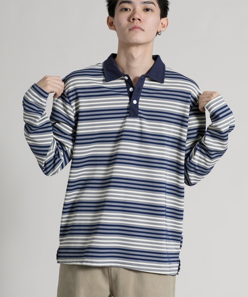 aimoha(アイモハ)の「【aimoha neo】Retro Stripe Long Sleeve Polo(ポロシャツ・メンズ・オレンジ/ブラック/ブルー・MEDIUM/LARGE/X-LARGE/XX-LARGE/XXX-LARGE)」の2枚目の写真
