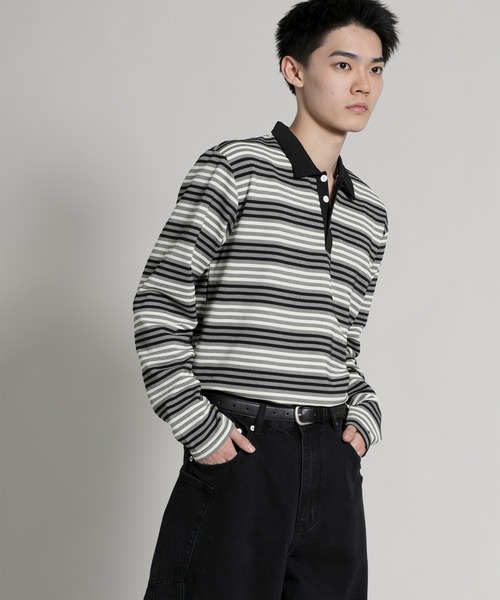aimoha(アイモハ)の「【aimoha neo】Retro Stripe Long Sleeve Polo(ポロシャツ・メンズ・オレンジ/ブラック/ブルー・MEDIUM/LARGE/X-LARGE/XX-LARGE/XXX-LARGE)」の5枚目の写真