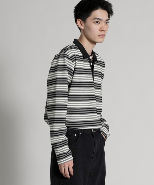 aimoha(アイモハ)の「【aimoha neo】Retro Stripe Long Sleeve Polo(ポロシャツ・メンズ・オレンジ/ブラック/ブルー・MEDIUM/LARGE/X-LARGE/XX-LARGE/XXX-LARGE)」の9枚目の写真