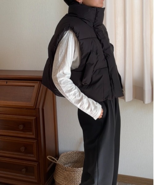 Ritzy（リッツィー）の「スタンドカラー ショート丈 エコダウンベスト（ダウンベスト・レディース・ブラック/ホワイト/ベージュ・L/M）」の9枚目の写真