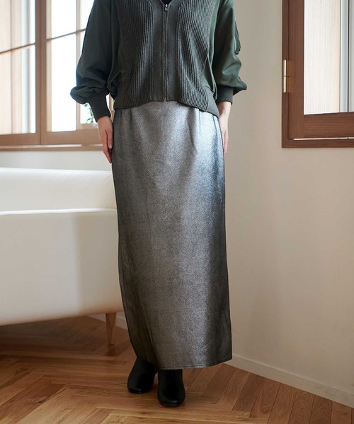 箔ストレッチスエードタイトスカート【WEB・一部店舗限定】（スカート）｜Jines（ジネス）