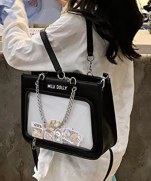 gossip!ロサンゼルス(ゴシップロサンゼルス)の「2WAY ウィンドウ付きオーロラ姫痛バッグ/ トートバッグ ショルダーバッグ チェーン装飾 透明ウィンドウ オタクグッズ 大容量 2way(ショルダーバッグ・レディース・ホワイト/ブラック・FREE)」の17枚目の写真