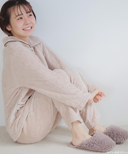 fran de lingerie（フランデランジェリー）の「ふんわり軽くて暖かいmemory fleece もこもこ フリース前開き上下セット レディース パジャマ ふわふわ 部屋着 かわいい あったか（ルームウェア/パジャマ・レディース・ブラウン系その他/オフホワイト/ネイビー/ピンク系その他2・M-L）」の9枚目の写真