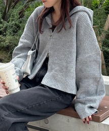 ISOOK（アイスー）の「【ISOOK / アイスー】ダブルジップニットパーカー / ショート丈 クロップド丈 春ニット フーディー セータージップアップ ブラック ネイビー グレー ZOZOTOWN限定（パーカー）」