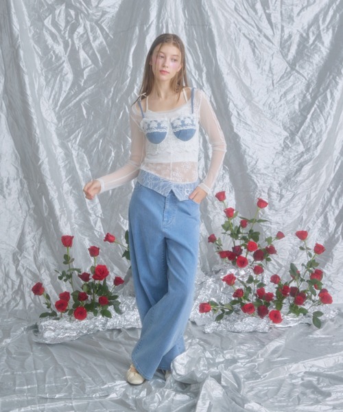 lace docking design denim bustier/レースドッキングデザインビスチェ レディース セール】lace docking design denim bustier/レースドッキング
