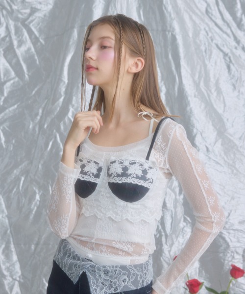 monepine レースドッキングデザインビスチェ セール】lace docking design denim bustier/レースドッキングデザイン