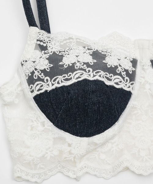 セール】lace docking design denim bustier/レースドッキング