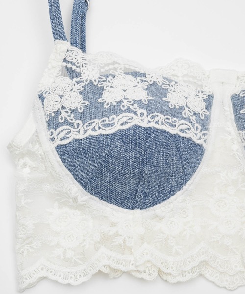 セール】lace docking design denim bustier/レースドッキング