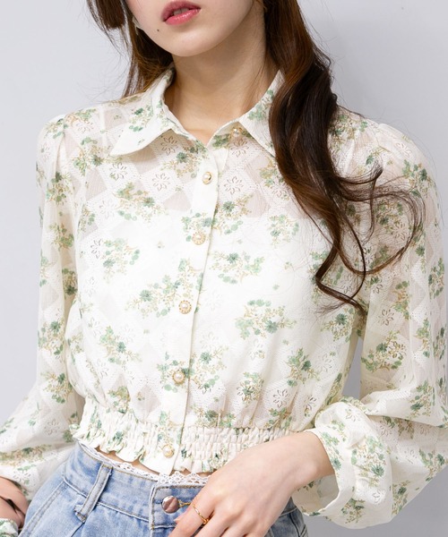 pumpkin port（パンプキンポート）の「花柄レース地長袖ブラウストップス（シャツ/ブラウス・レディース・グリーン/ブルー/ピンク・M）」の4枚目の写真