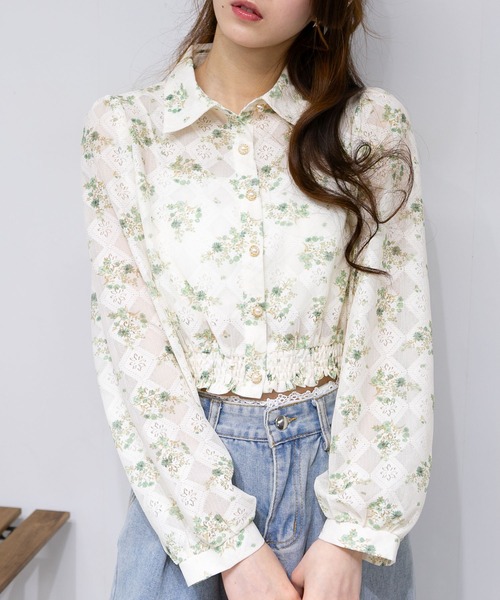 pumpkin port（パンプキンポート）の「花柄レース地長袖ブラウストップス（シャツ/ブラウス・レディース・グリーン/ブルー/ピンク・M）」の5枚目の写真