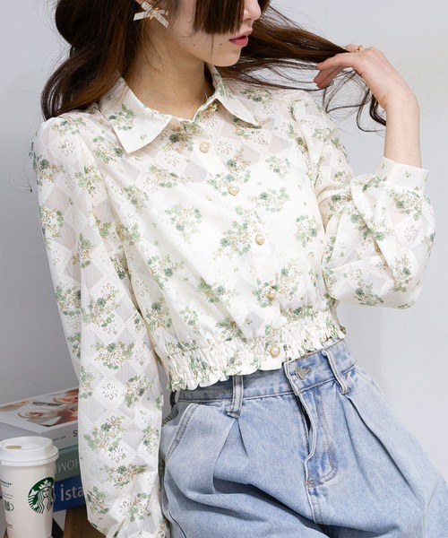 pumpkin port（パンプキンポート）の「花柄レース地長袖ブラウストップス（シャツ/ブラウス・レディース・グリーン/ブルー/ピンク・M）」の6枚目の写真