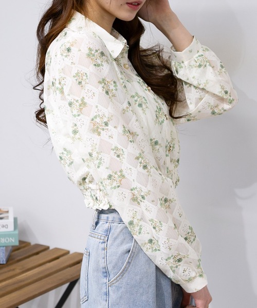 pumpkin port（パンプキンポート）の「花柄レース地長袖ブラウストップス（シャツ/ブラウス・レディース・グリーン/ブルー/ピンク・M）」の7枚目の写真