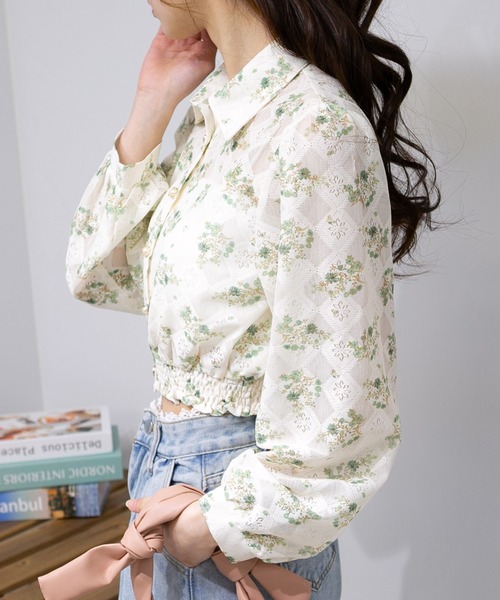 pumpkin port（パンプキンポート）の「花柄レース地長袖ブラウストップス（シャツ/ブラウス・レディース・グリーン/ブルー/ピンク・M）」の8枚目の写真