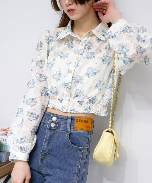 pumpkin port（パンプキンポート）の「花柄レース地長袖ブラウストップス（シャツ/ブラウス・レディース・グリーン/ブルー/ピンク・M）」の11枚目の写真