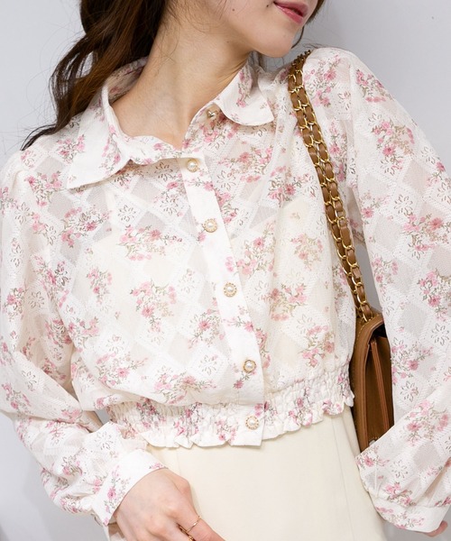 トップス Pum セール】花柄レース地長袖ブラウストップス（シャツ/ブラウス