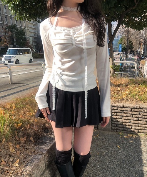 anyonemore（エニワンモア）の「レーススカーフくるみボタンシャーリングTシャツセット（Tシャツ/カットソー・レディース・ブラック/アイボリー・FREE）」の8枚目の写真