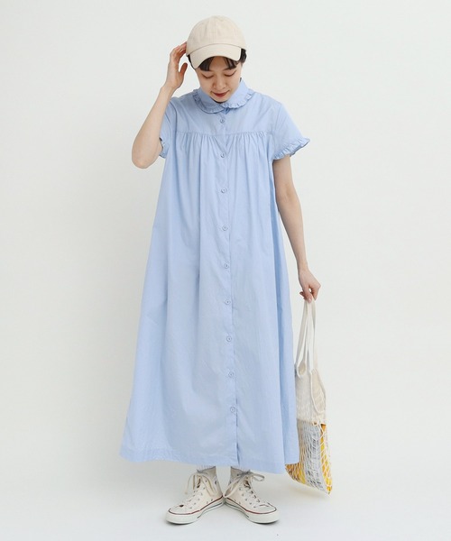 CHILD WOMAN（チャイルドウーマン）の「☆FINXブロード/綿ローン フリル丸襟前あき半袖ワンピース（ワンピース・レディース・サックスブルー/その他/レッド・FREE）」の16枚目の写真