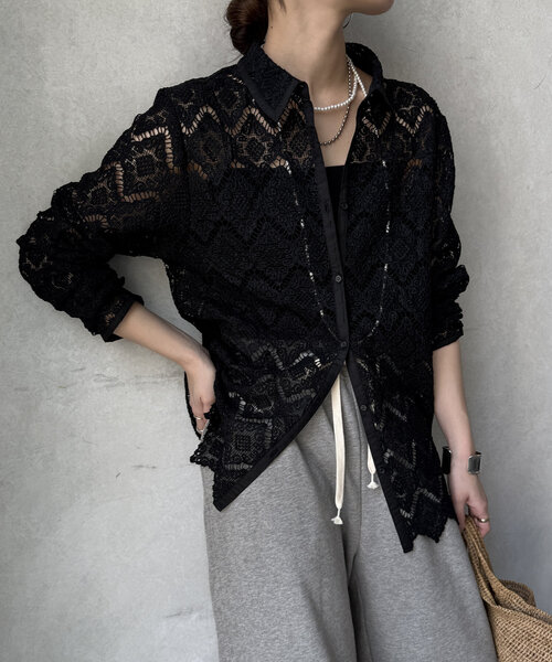 DouDou（ドゥドゥ）の「ケミカルレースシャツ（シャツ/ブラウス・レディース・ブラック/オフホワイト・FREE）」の10枚目の写真