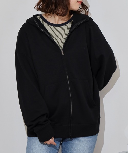 FUNALIVE（ファンアライブ）の「裏毛　ワイドシルエット　無地　フルジップパーカー　スウェット（パーカー・メンズ・ブラック/ネイビー/スミクロ/杢グレー・LL/L/M）」の2枚目の写真