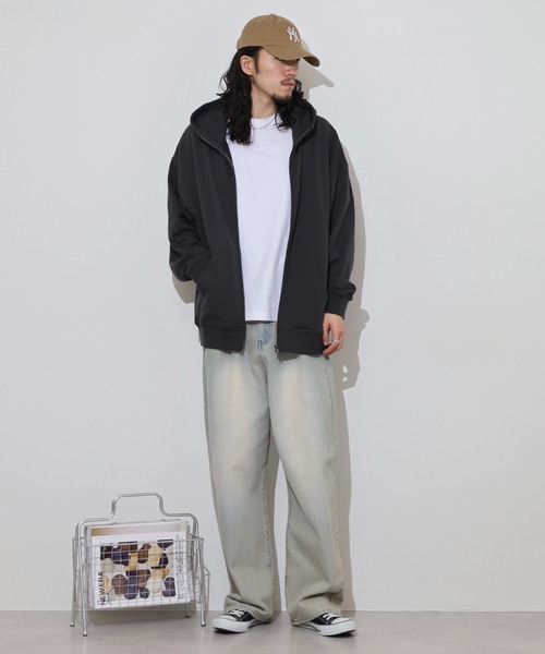 FUNALIVE（ファンアライブ）の「裏毛　ワイドシルエット　無地　フルジップパーカー　スウェット（パーカー・メンズ・ブラック/ネイビー/スミクロ/杢グレー・LL/L/M）」の6枚目の写真