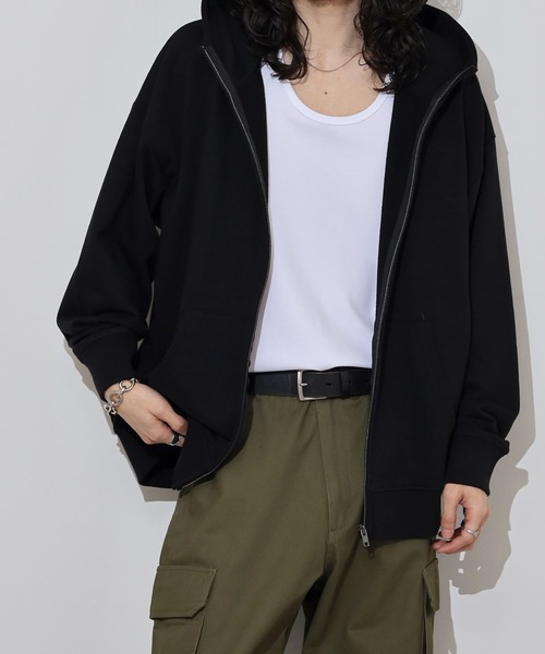 FUNALIVE（ファンアライブ）の「裏毛　ワイドシルエット　無地　フルジップパーカー　スウェット（パーカー・メンズ・ブラック/ネイビー/スミクロ/杢グレー・LL/L/M）」の18枚目の写真