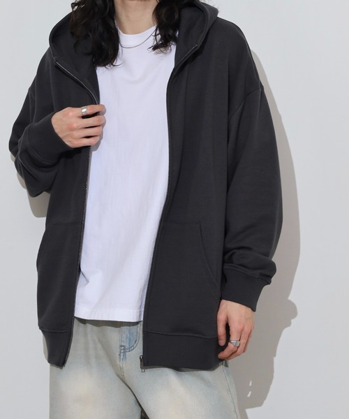 FUNALIVE（ファンアライブ）の「裏毛　ワイドシルエット　無地　フルジップパーカー　スウェット（パーカー・メンズ・ブラック/ネイビー/スミクロ/杢グレー・LL/L/M）」の5枚目の写真