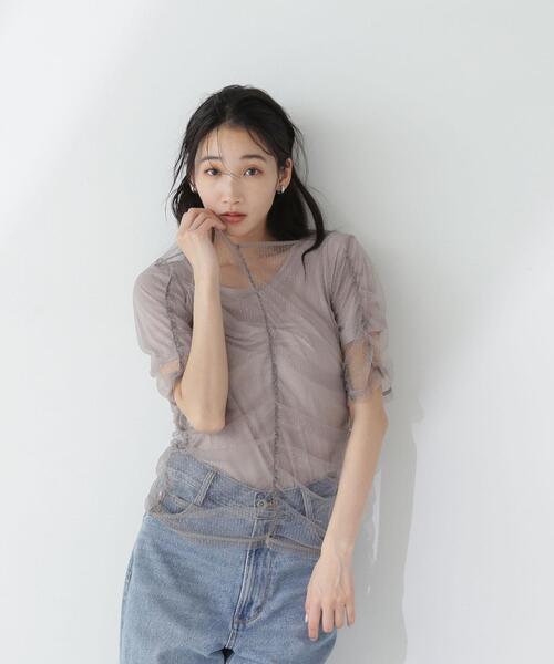 NATURAL BEAUTY BASIC（ナチュラルビューティーベーシック）の「◇ギャザーチュールレイヤードＴシャツ（Tシャツ/カットソー・レディース・ベージュ/ホワイト系その他/ブラック系その他・FREE）」の3枚目の写真
