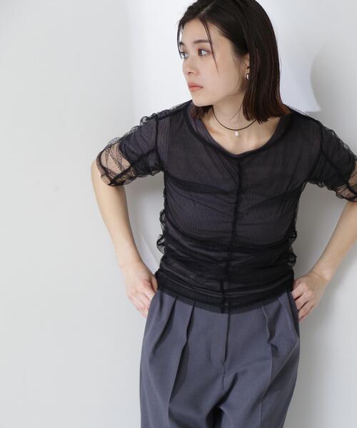 NATURAL BEAUTY BASIC（ナチュラルビューティーベーシック）の「◇ギャザーチュールレイヤードＴシャツ（Tシャツ/カットソー・レディース・ベージュ/ホワイト系その他/ブラック系その他・FREE）」の6枚目の写真