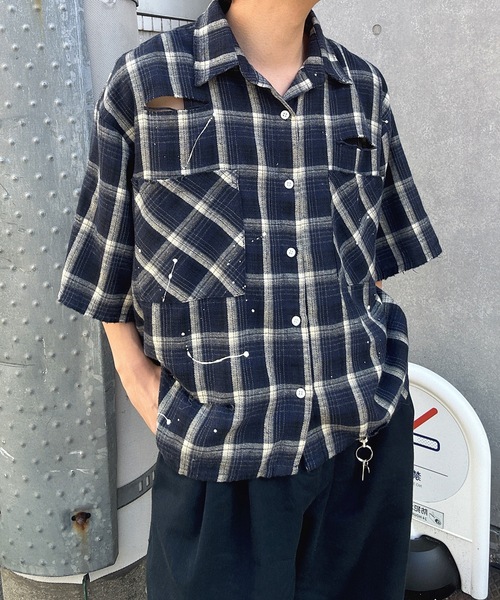 MandO（Auntie Rosa）（エムオー）の「【MandO】ヴィンテージダメージチェックシャツ（シャツ/ブラウス・メンズ・ブラック/レッド/ネイビー・MEDIUM/LARGE）」の3枚目の写真