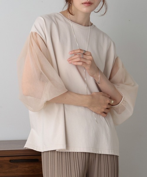 Bab(バブ)の「シアーボリュームスリーブトップス(Tシャツ/カットソー・レディース・ベージュ/ホワイト系その他/チャコールグレー/杢グレー・FREE)」の4枚目の写真
